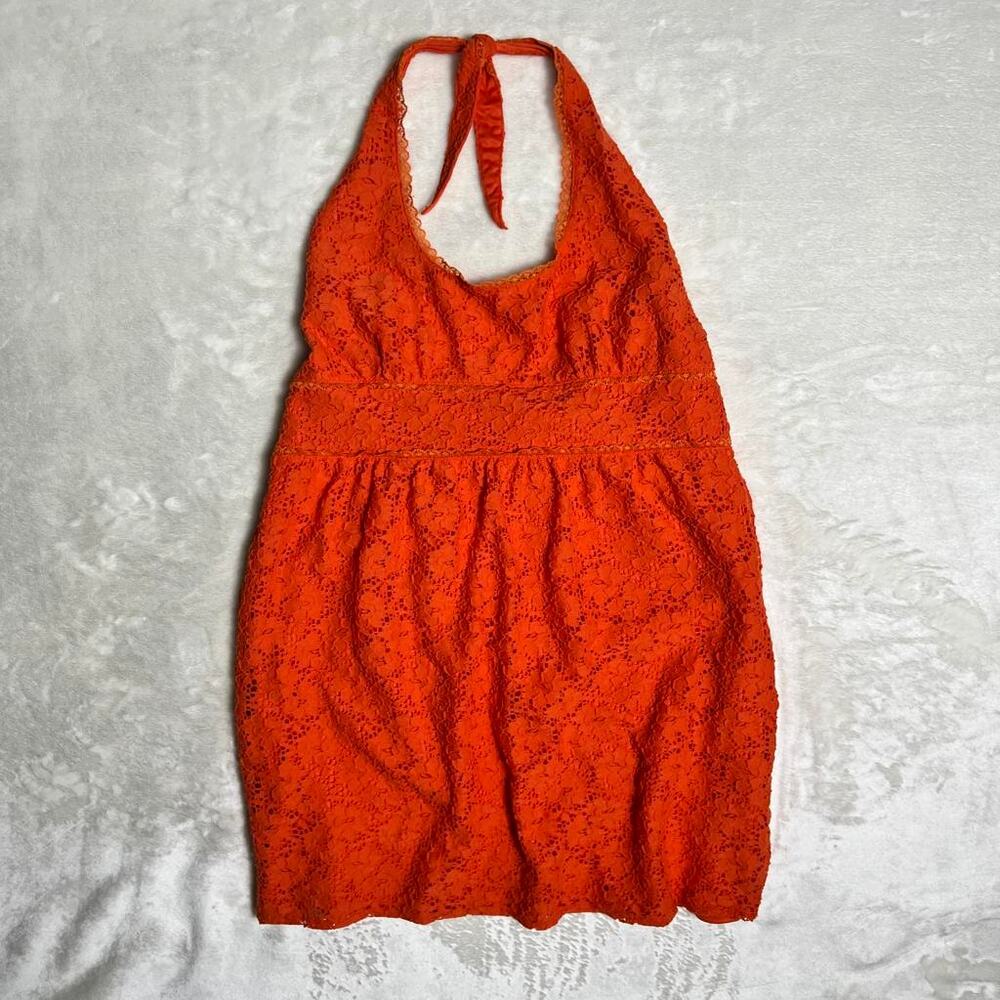 Laundry by Design Crochet Baby Doll Halter Mini Dress Size 8 Orange Floral Lace